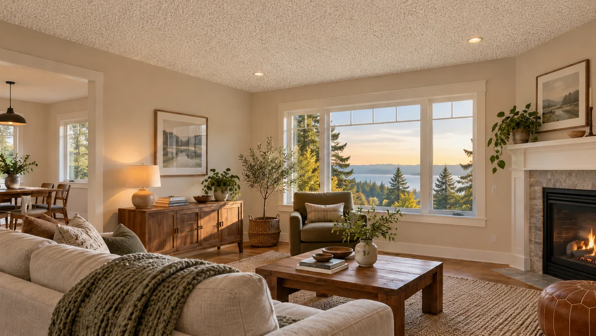 A living room with a textured ceiling.
