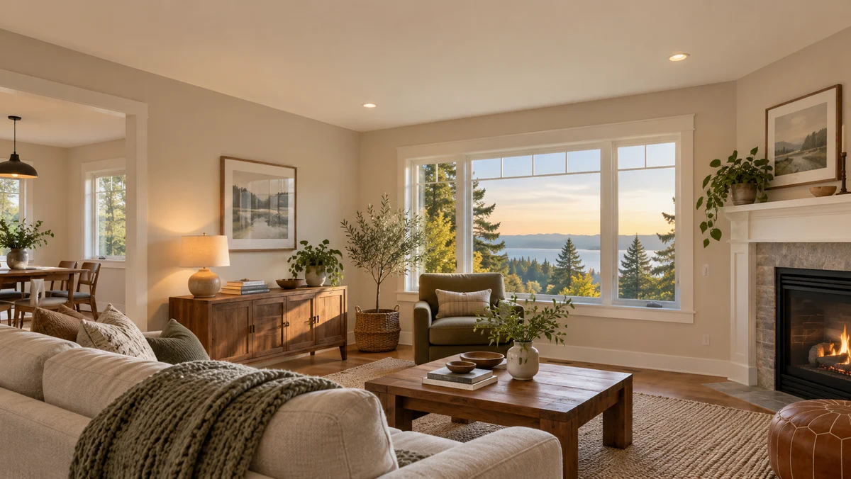 A bright living room with a smooth ceiling.